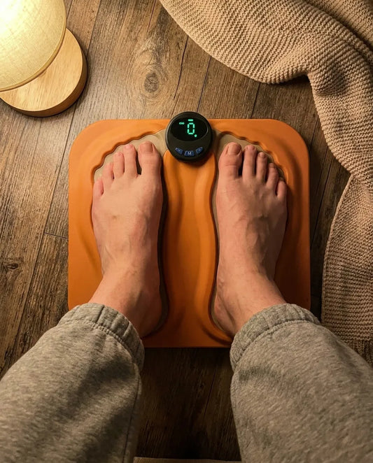 Feet placed on the Velique SolePulse foot massager pad